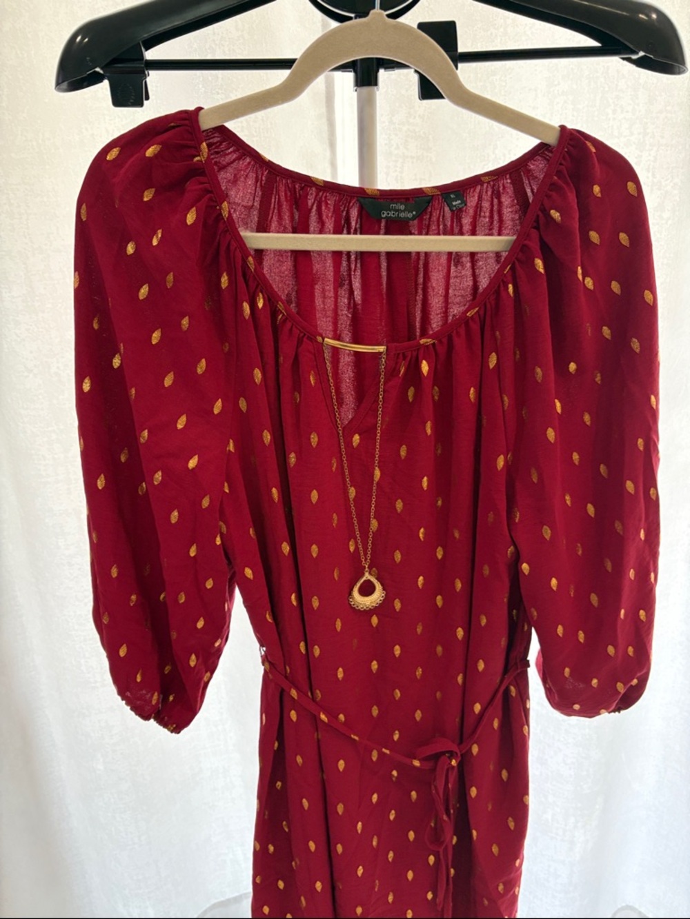Mlle Gabrielle Red Long-Sleeve Tie-Waist Dress with Gold Dot Motif